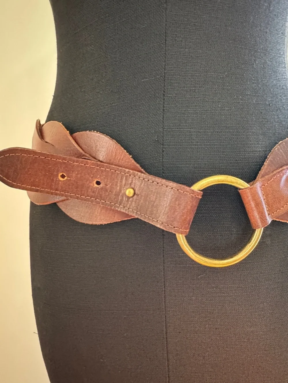 Thick Brown Leather Belt with Gold Ring Accent - Picture 3 of 5